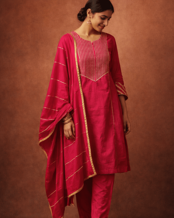 fuchsia gota work cotton kurta pant set with gold stripes dupatta