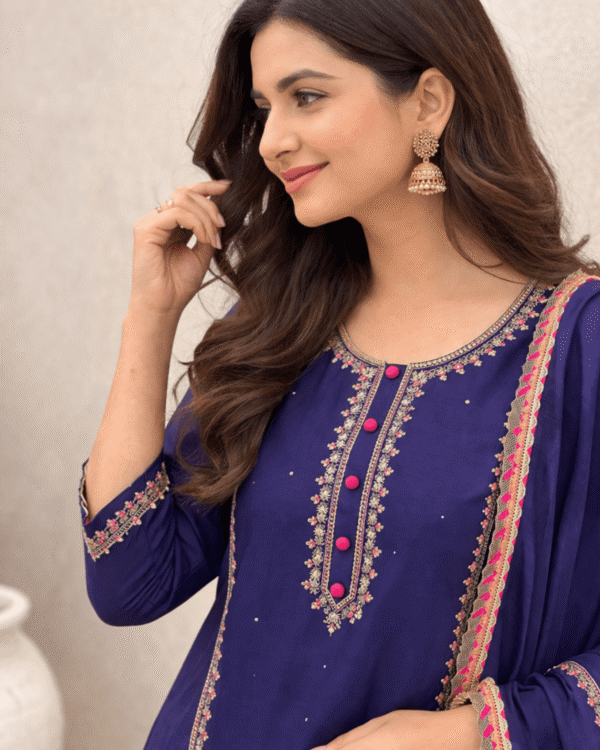 royal blue silk kurta sharara set with embroidered detailing and chiffon dupatta