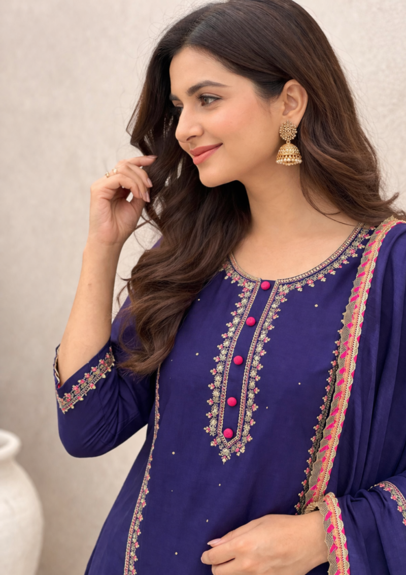 royal blue silk kurta sharara set with embroidered detailing and chiffon dupatta