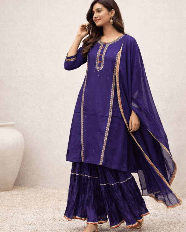 royal blue silk kurta sharara set with embroidered detailing and chiffon dupatta