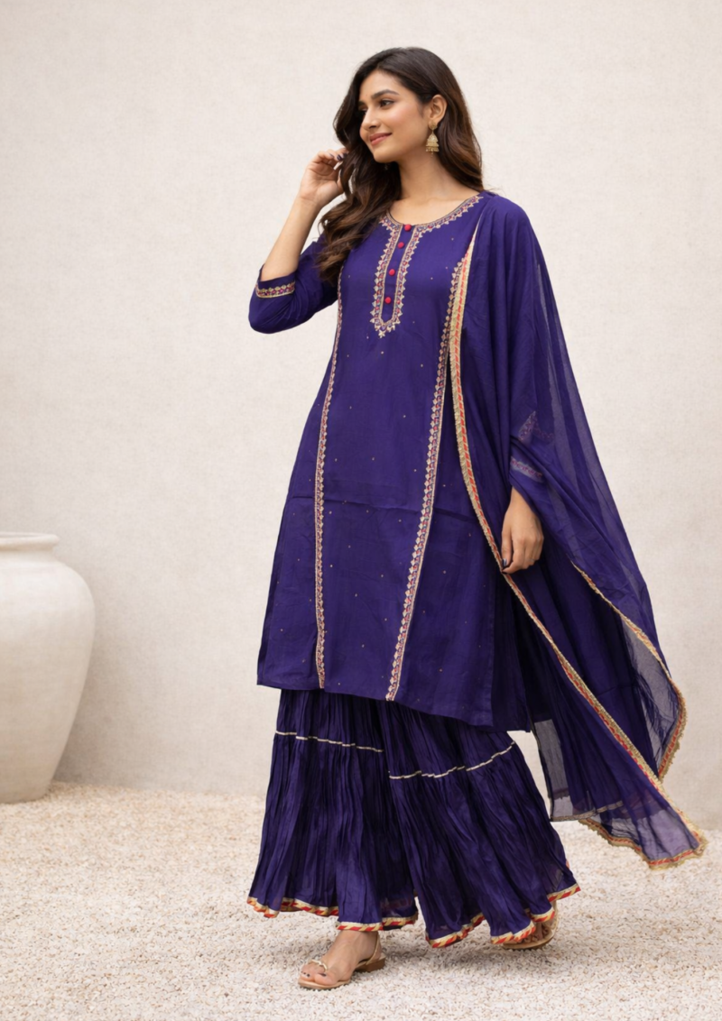 royal blue silk kurta sharara set with embroidered detailing and chiffon dupatta