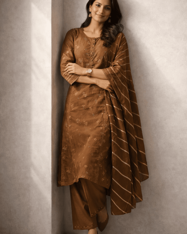 chocolate brown silk kurta set with striped dupatta