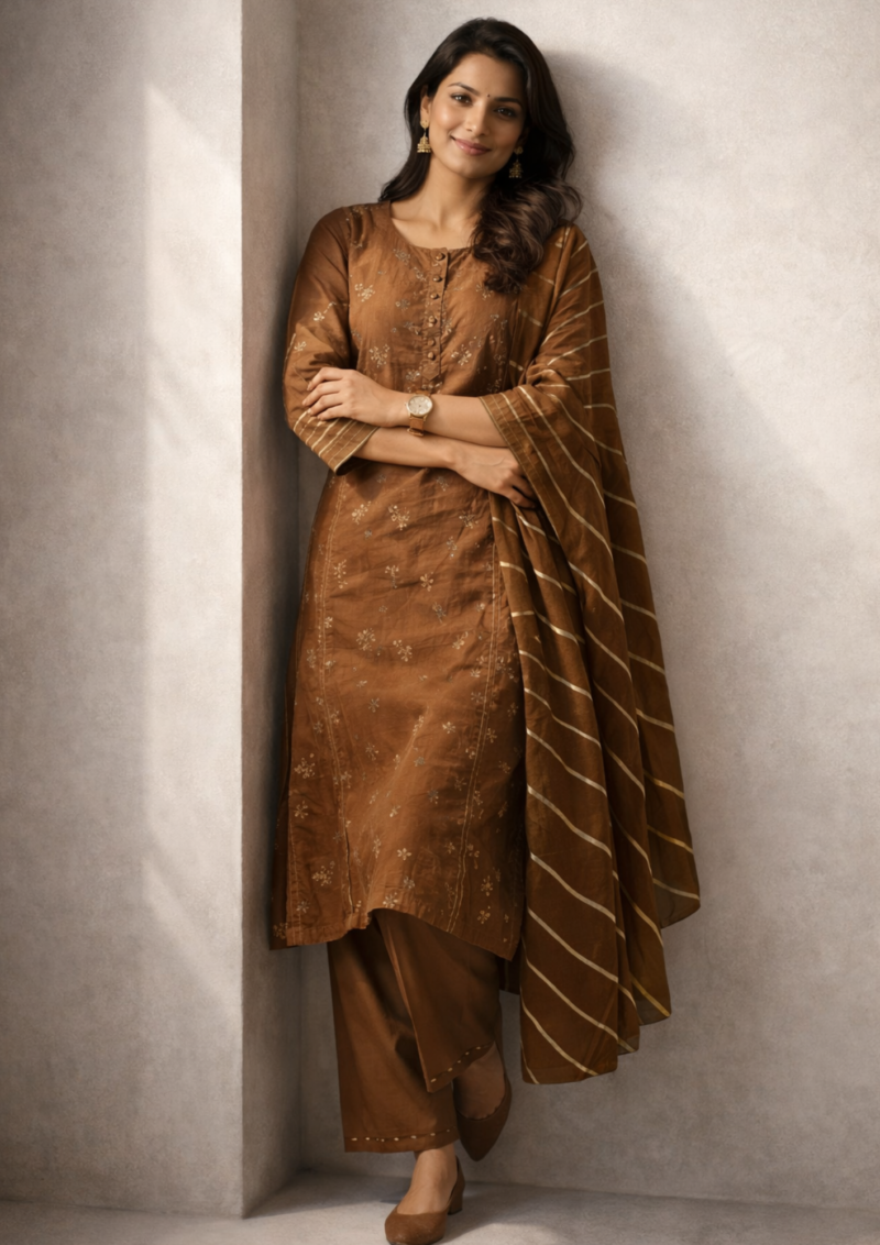chocolate brown silk kurta set with striped dupatta