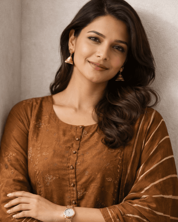 chocolate brown silk kurta set with striped dupatta