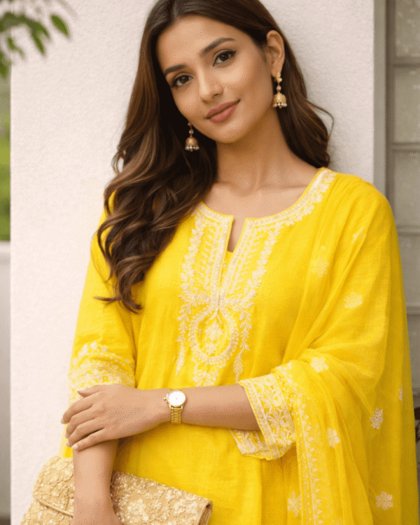 bright yellow embroidered cotton kurta pant set with dupatta