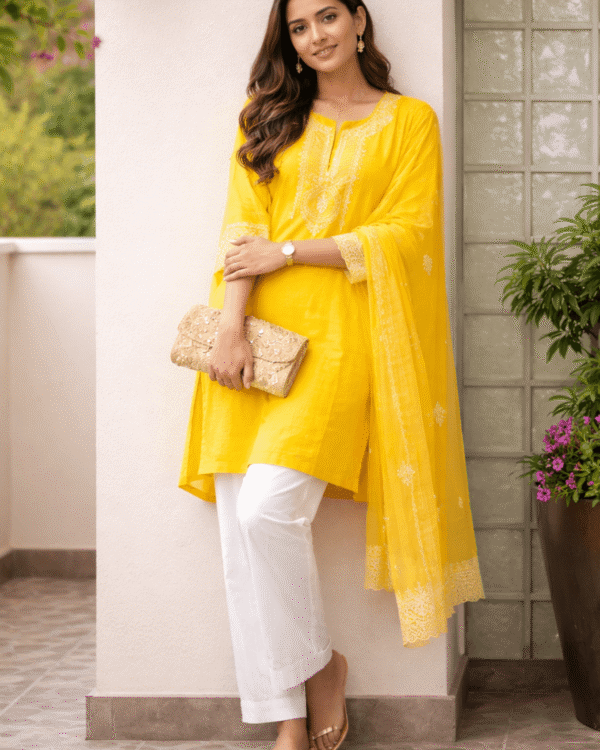 bright yellow embroidered cotton kurta pant set with dupatta