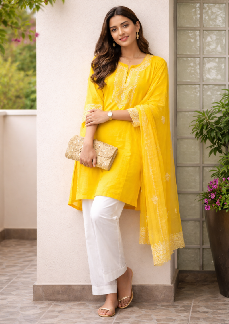 bright yellow embroidered cotton kurta pant set with dupatta