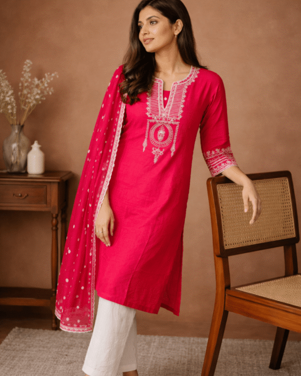 hot pink cotton cotton embroidered kurta pant set with dupatta