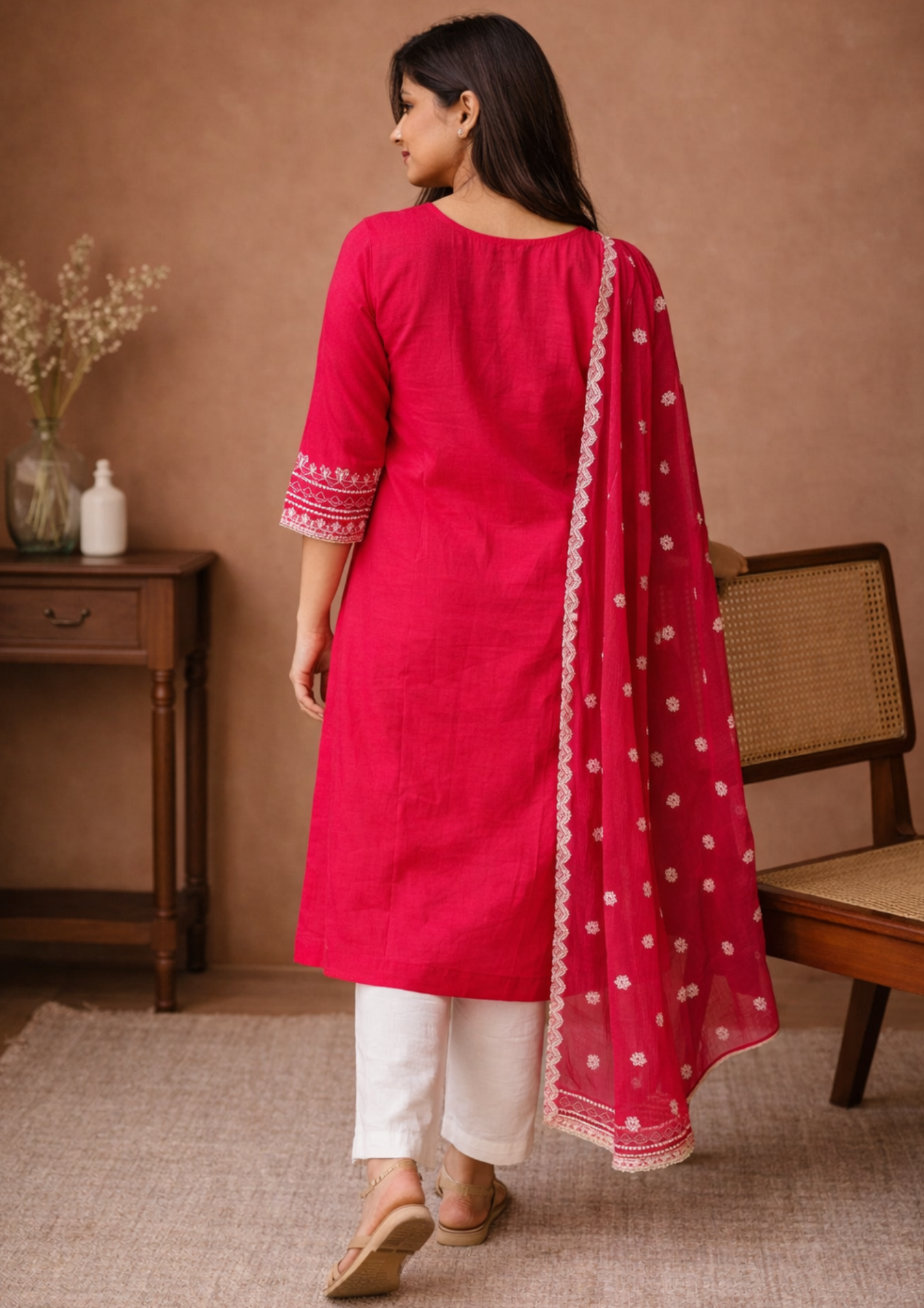 hot pink cotton cotton embroidered kurta pant set with dupatta