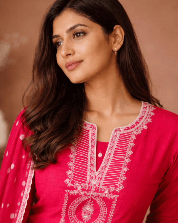 hot pink cotton cotton embroidered kurta pant set with dupatta