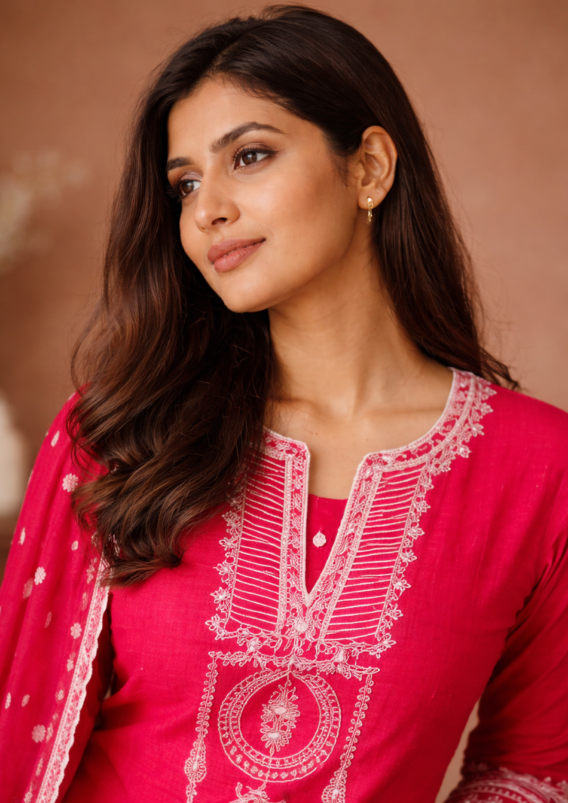 hot pink cotton cotton embroidered kurta pant set with dupatta