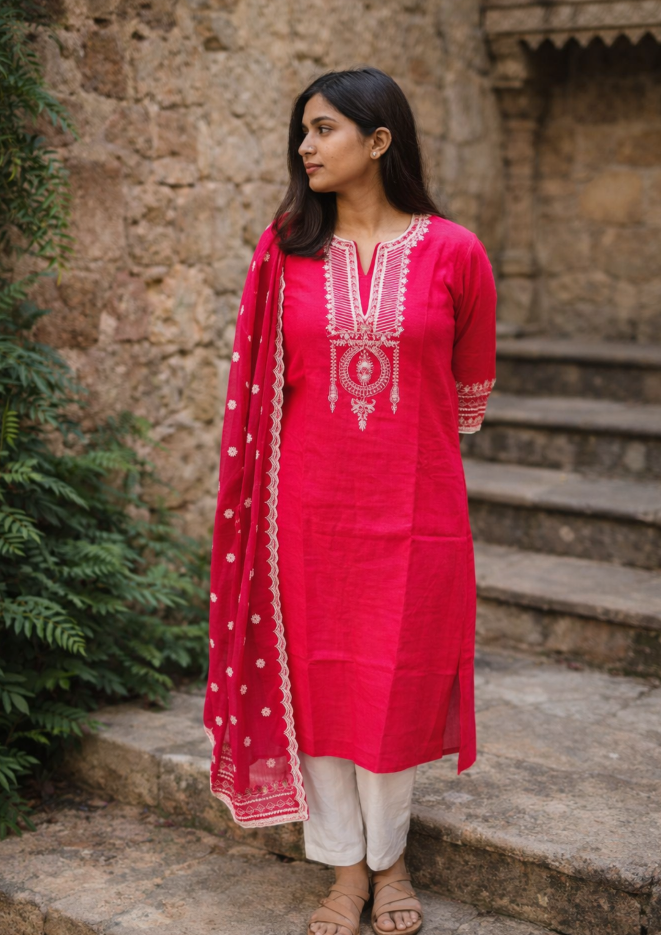 hot pink cotton cotton embroidered kurta pant set with dupatta