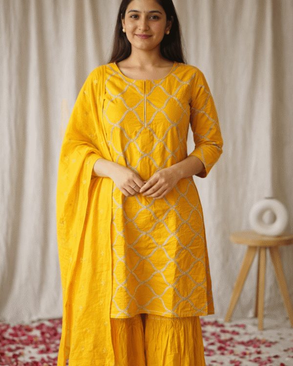 mustard yellow cotton silk kurta set with embroidered dupatta