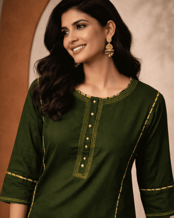 olive green cotton kurta with printed pant set