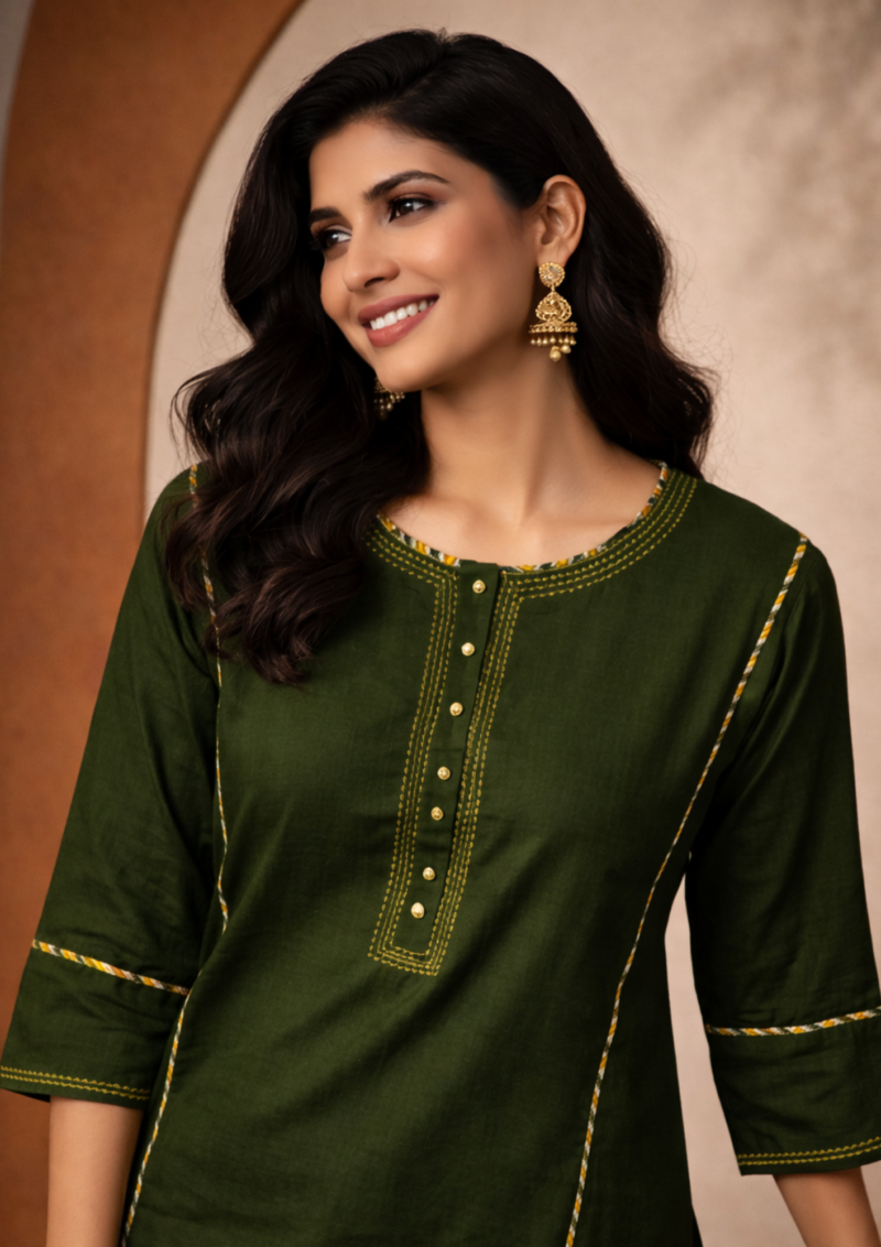 olive green cotton kurta with printed pant set