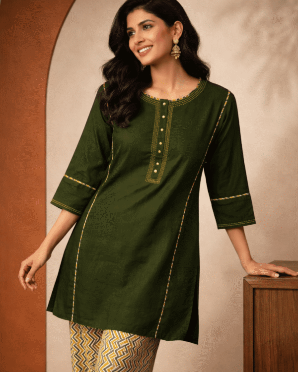 olive green cotton kurta with printed pant set