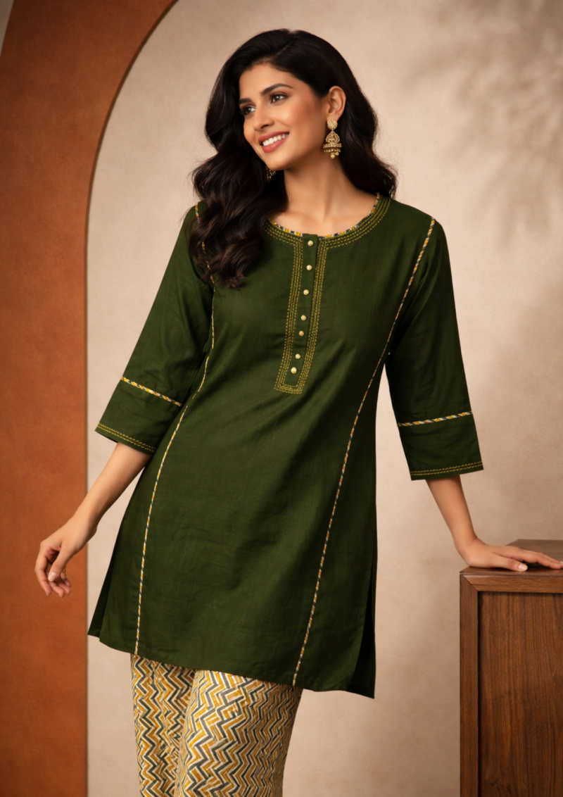 olive green cotton kurta with printed pant set
