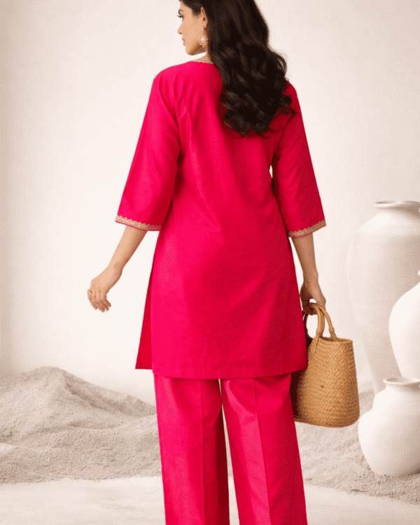rani pink embroidered round neck silk kurta pant set