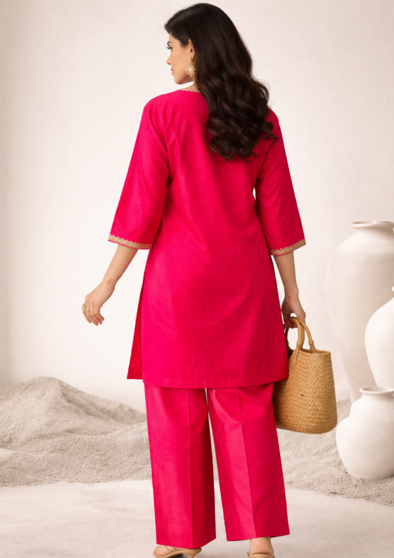 rani pink embroidered round neck silk kurta pant set