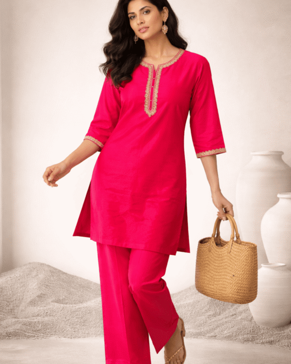rani pink embroidered round neck silk kurta pant set