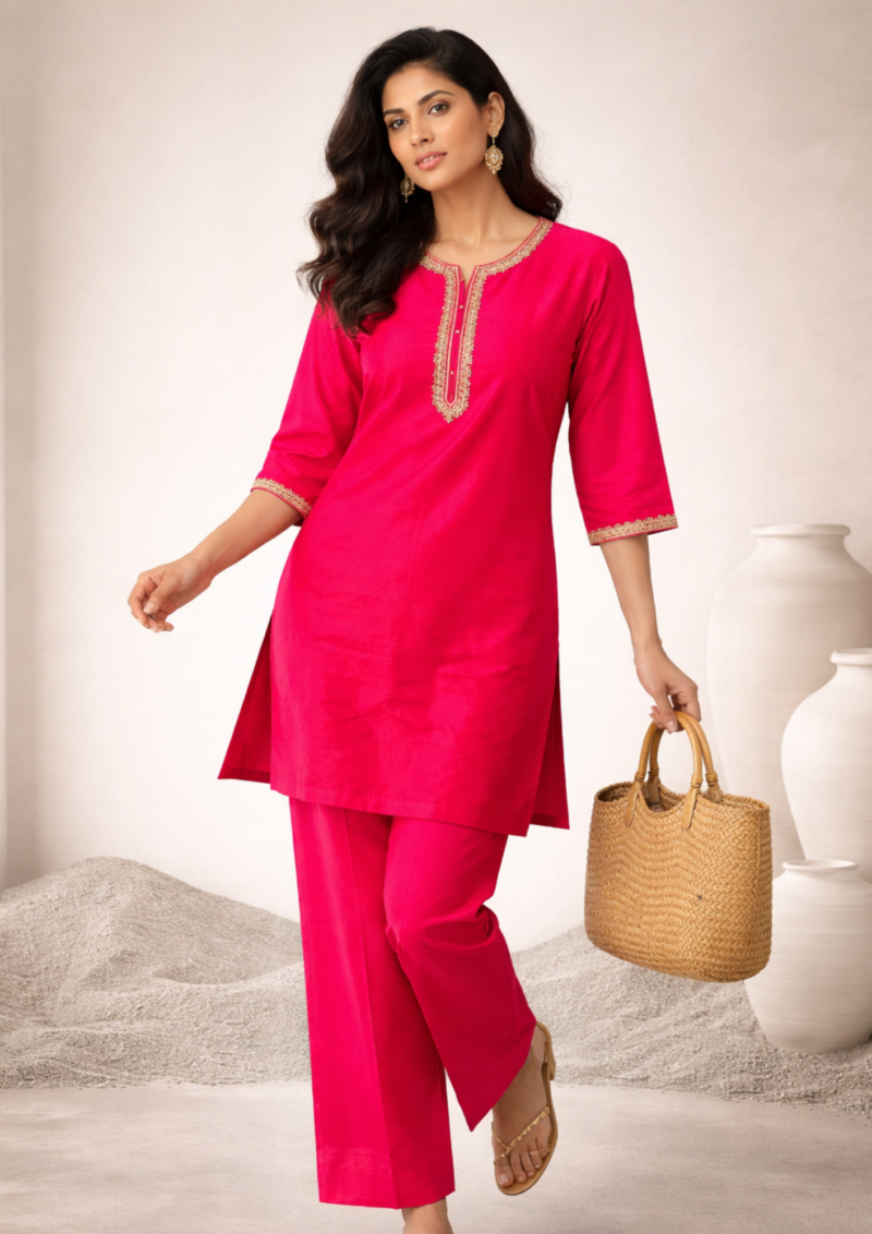 rani pink embroidered round neck silk kurta pant set