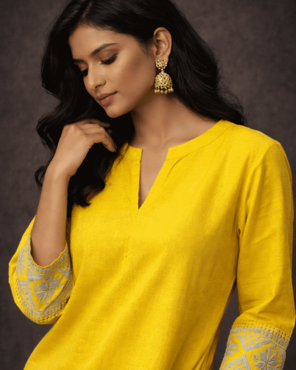 mustard embroidered sleeves linen kurta pant set