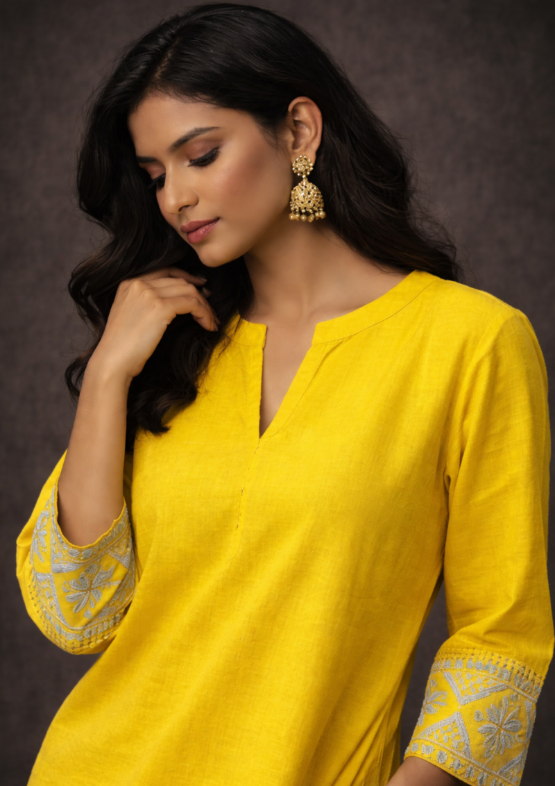mustard embroidered sleeves linen kurta pant set