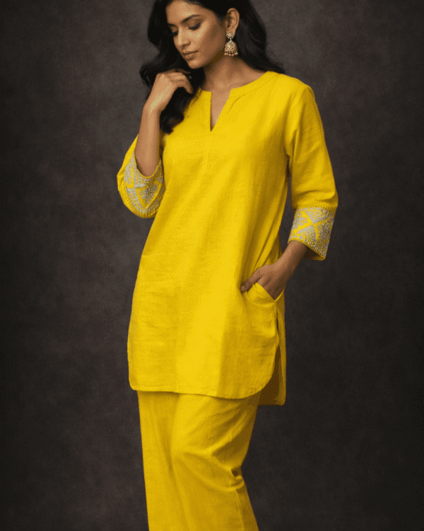 mustard embroidered sleeves linen kurta pant set