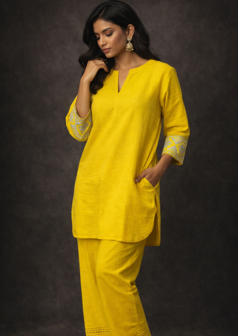mustard embroidered sleeves linen kurta pant set