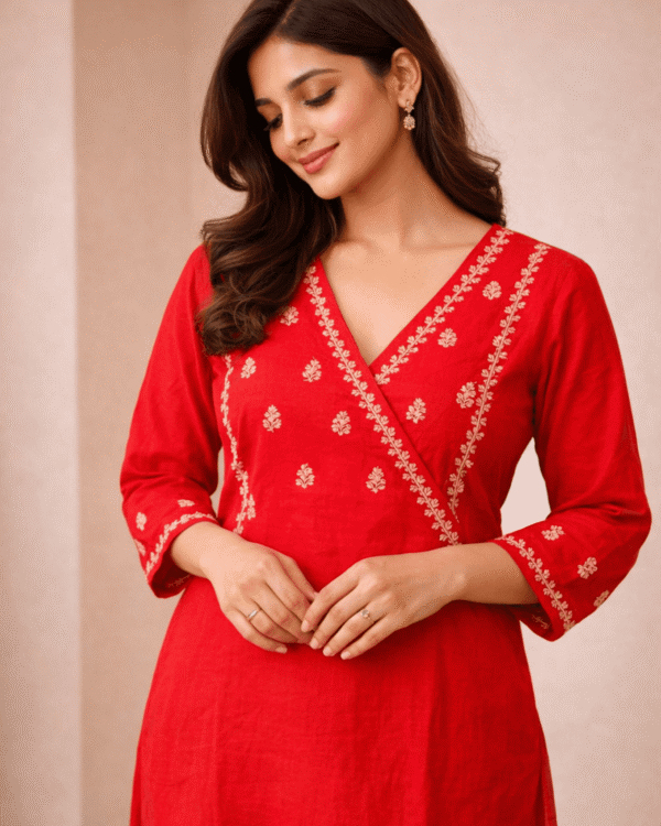 rust orange embroidered border design linen kurta pant set