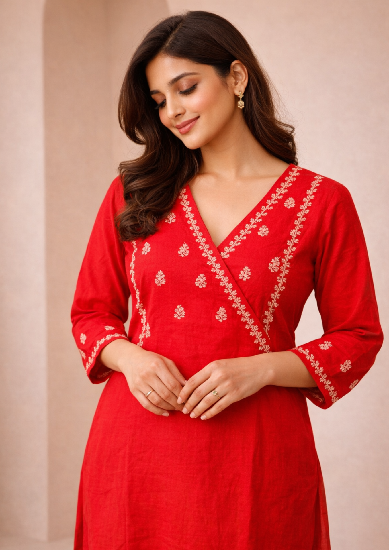 rust orange embroidered border design linen kurta pant set