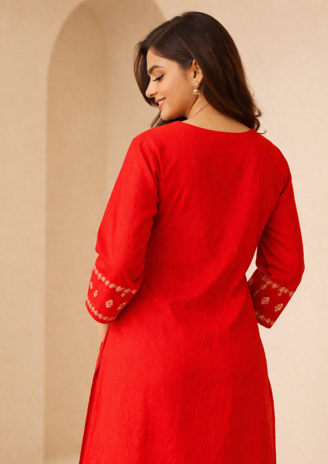 red with embroidered soft silk blend kurta pant set