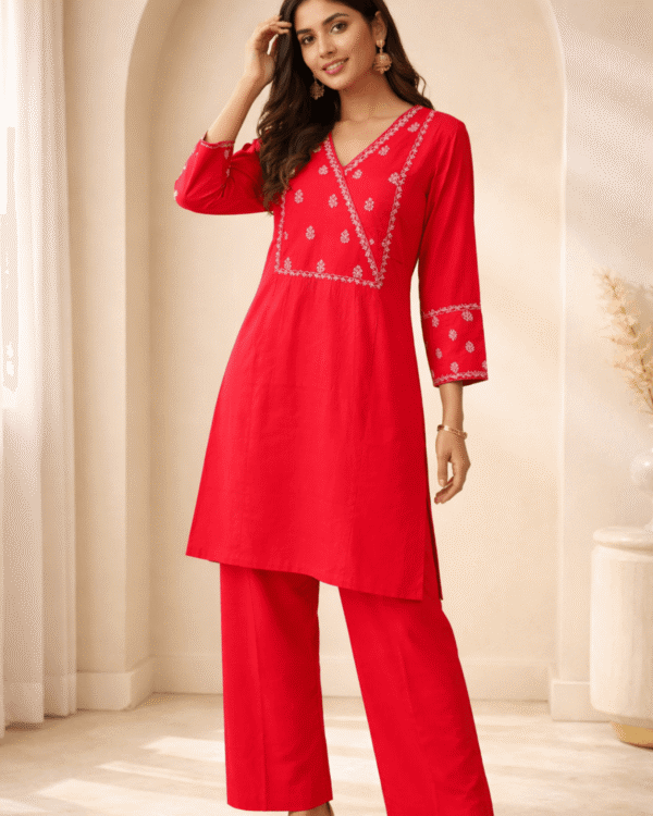 red with embroidered soft silk blend kurta pant set