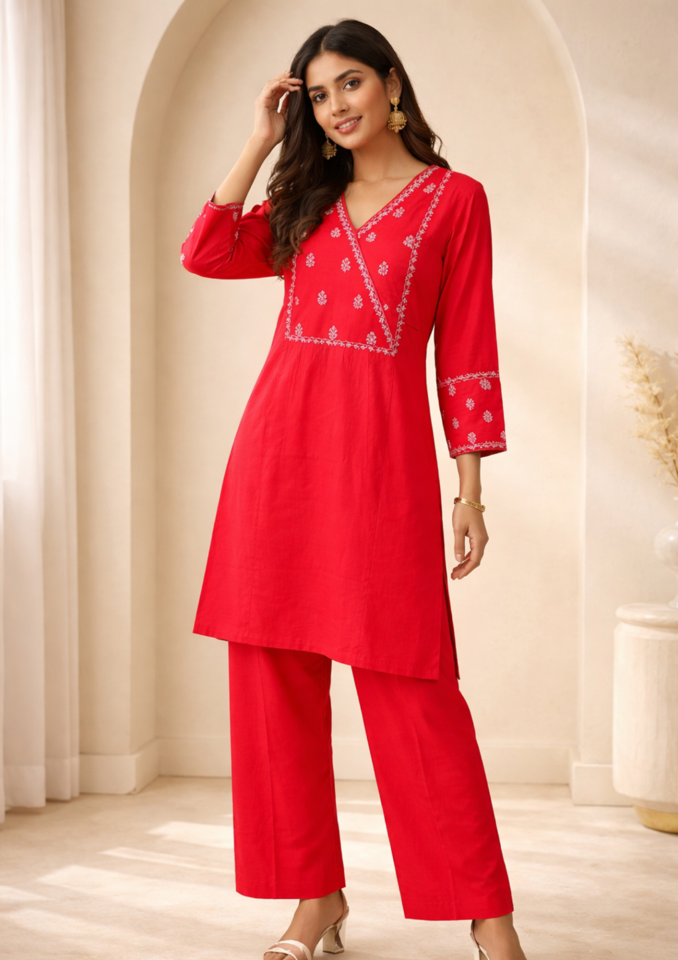 red with embroidered soft silk blend kurta pant set