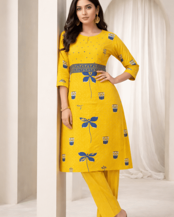 mustard yellow with blue print cotton kurta pant set