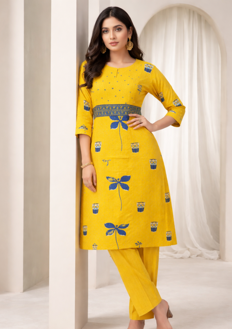 mustard yellow with blue print cotton kurta pant set