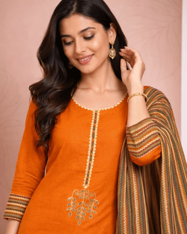 rust orange cotton kurta pant set with printed dupatta