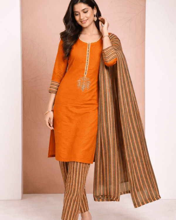 rust orange cotton kurta pant set with printed dupatta