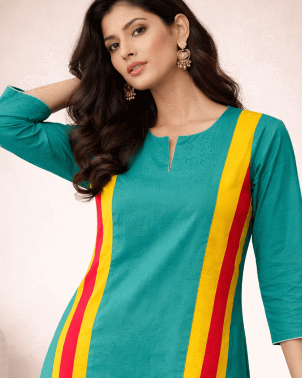 teal green with yellow pink striped panels linen kurta pant set