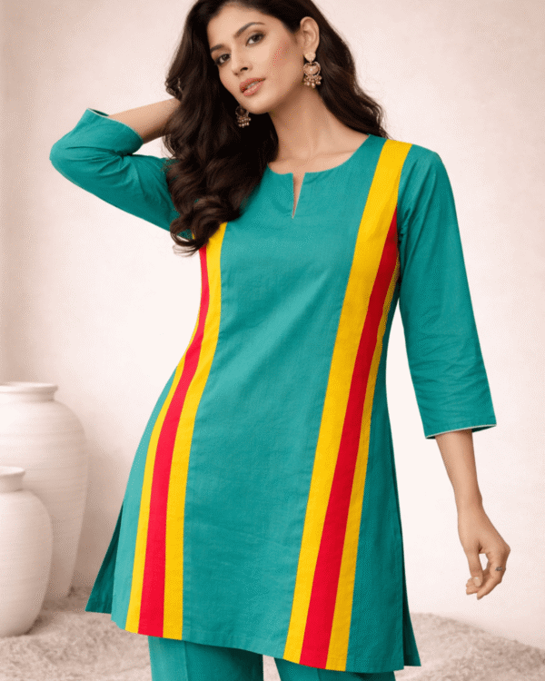 teal green with yellow pink striped panels linen kurta pant set