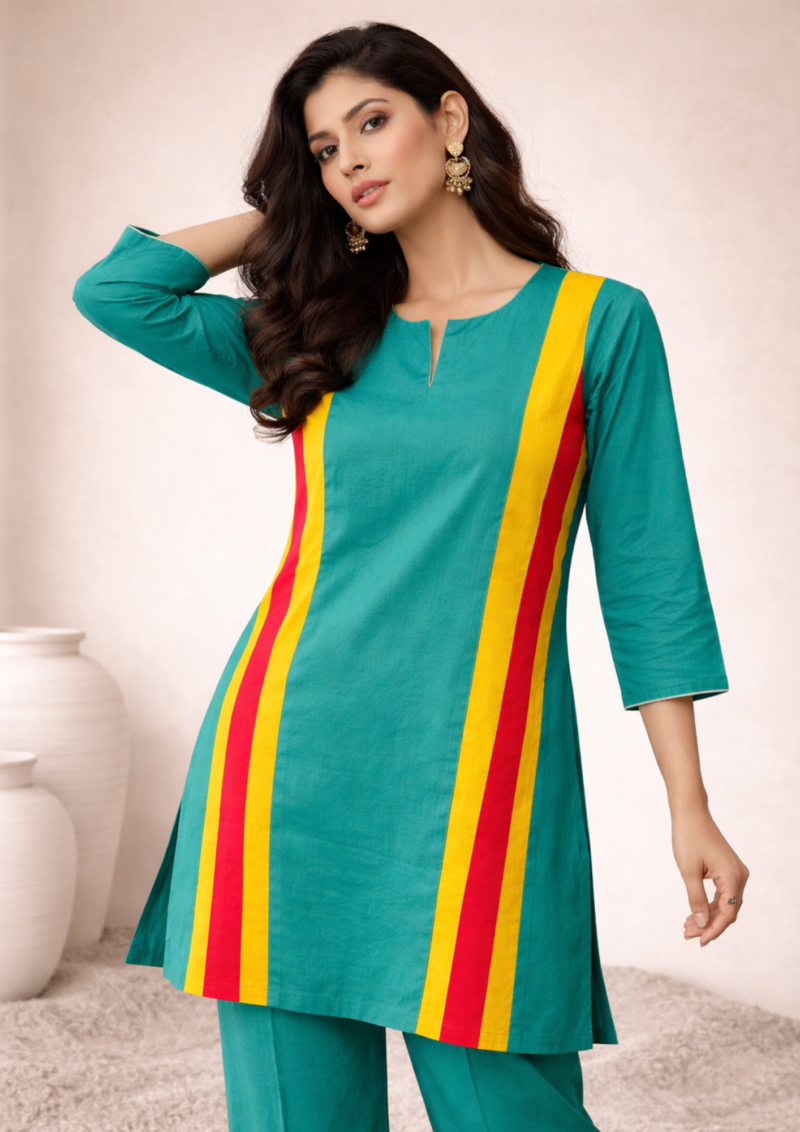 teal green with yellow pink striped panels linen kurta pant set