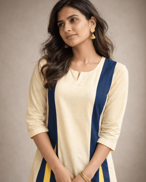 cream cotton linen in navy colour block with inner lining kurta pant set