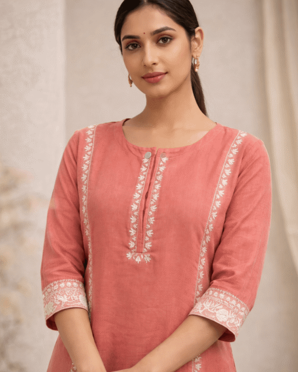 peach cotton aari embroidered kurta with white cotton pant set