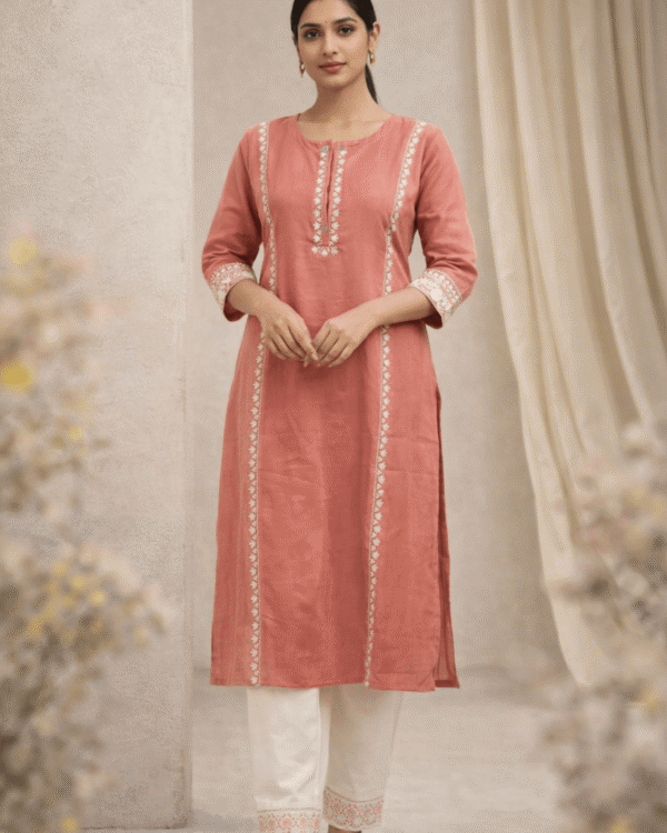 peach cotton aari embroidered kurta with white cotton pant set