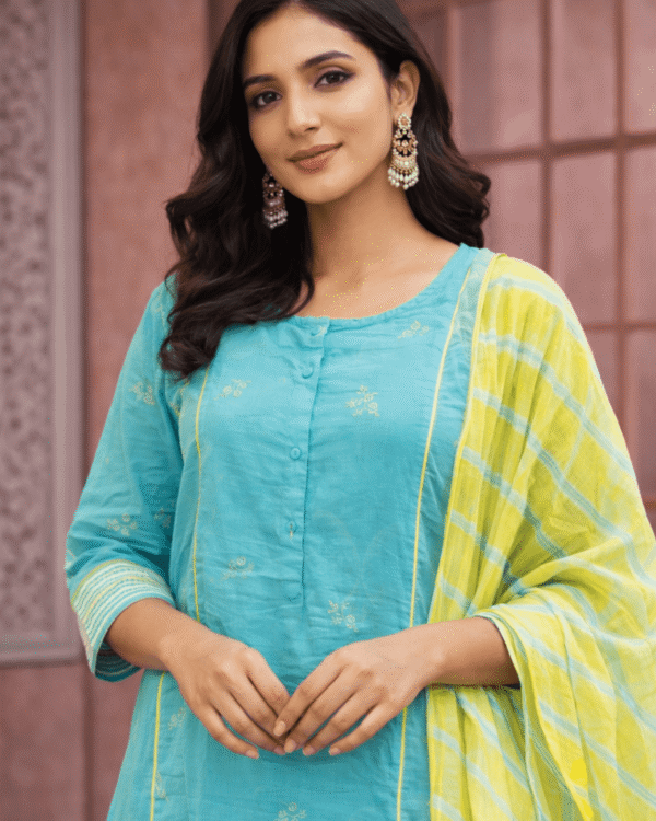 turquoise cotton embroidered kurta pant set with yellow dupatta