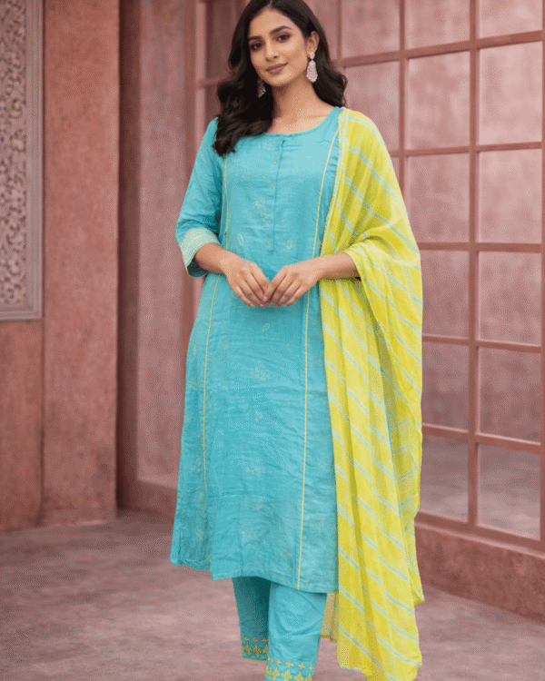 turquoise cotton embroidered kurta pant set with yellow dupatta