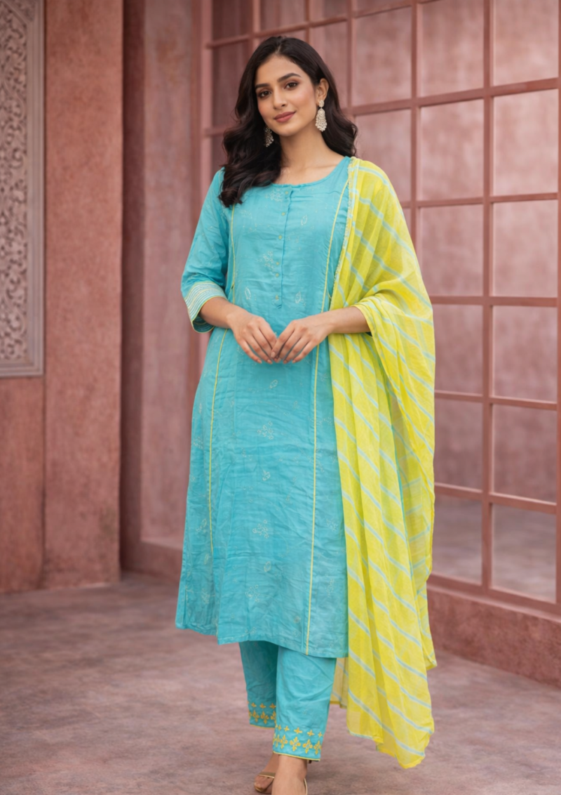 turquoise cotton embroidered kurta pant set with yellow dupatta