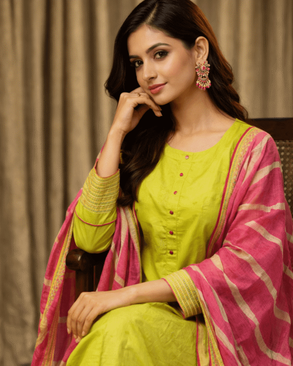 lime green cotton embroidered kurta pant set with pink dupatta