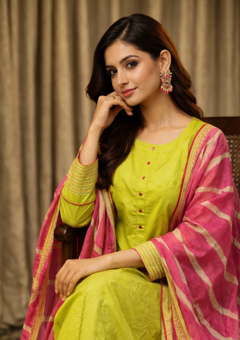 lime green cotton embroidered kurta pant set with pink dupatta