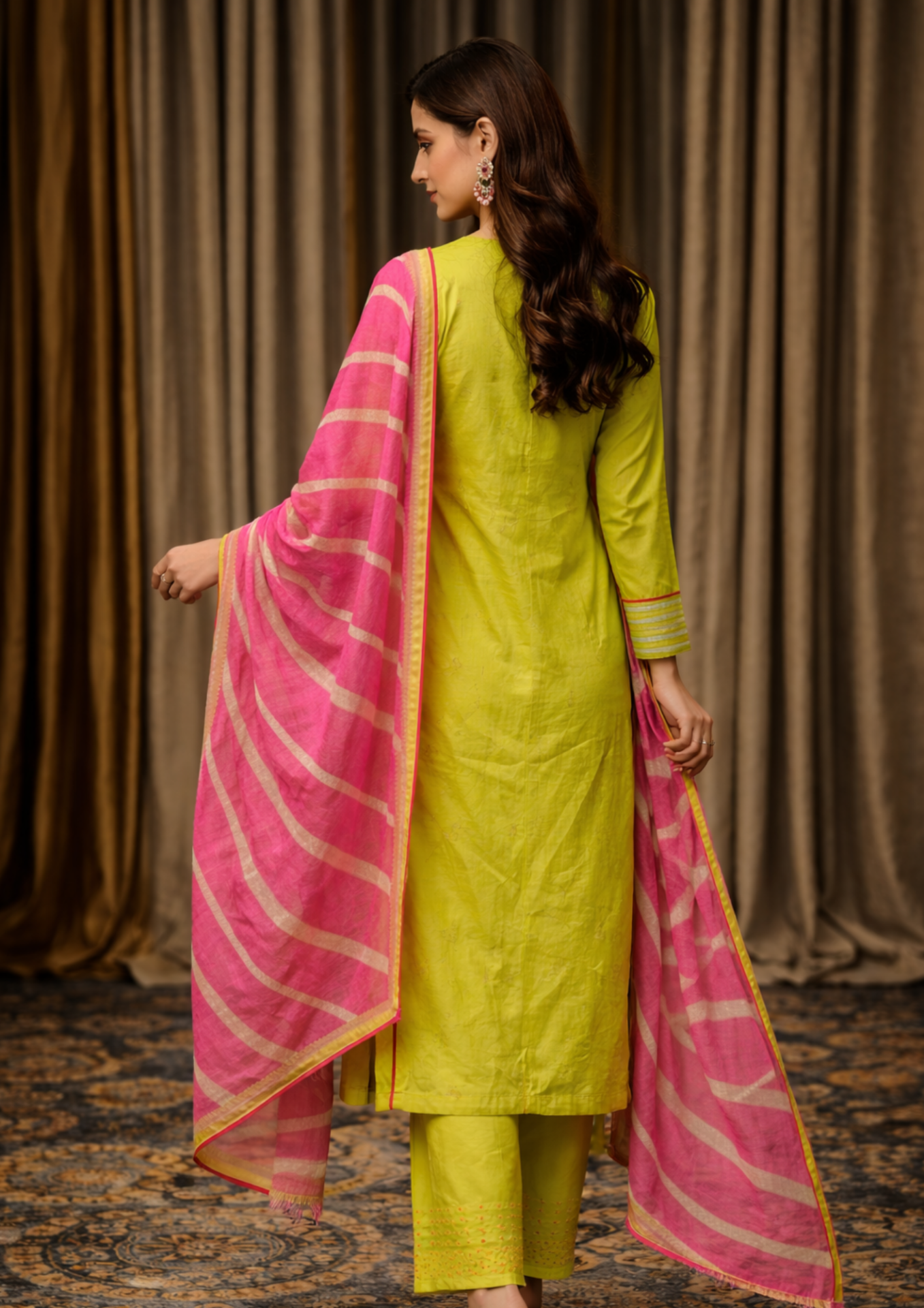 lime green cotton embroidered kurta pant set with pink dupatta